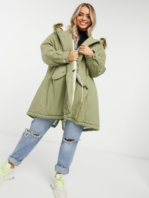 Sixth June Oversized Parka Coat With Faux Fur Hood