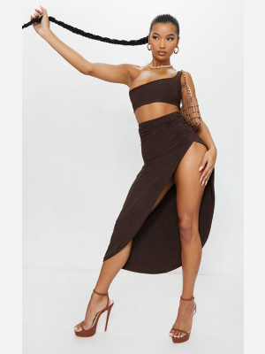 Chocolate Brown Ruched Side Split Midaxi Skirt