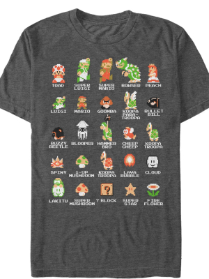 Men's Nintendo Super Mario Bros Character Guide T-shirt