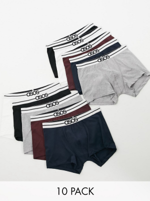Asos Design 10-pack Boxer Briefs With Branded Waistband