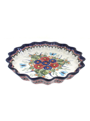 Blue Rose Polish Pottery Floral Butterfly Large Fluted Quiche Dish