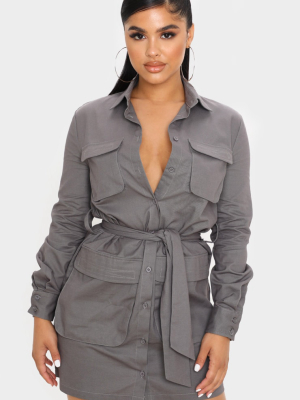 Petite Charcoal Utility Tie Waist Shirt Dress