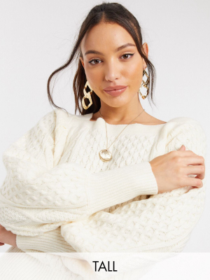 Fashion Union Tall Square Neck Sweater With Balloon Sleeves In Cable Knit