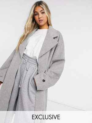 Collusion Longline Brushed Faux Wool Overcoat In Light Gray
