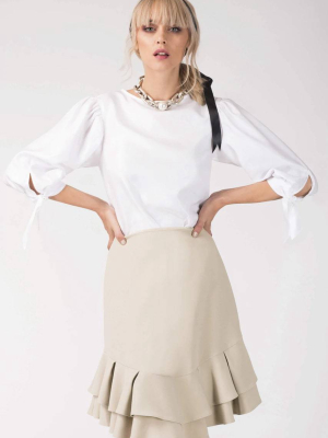 Nude Frill Hem Empire Waist Knee Skirt