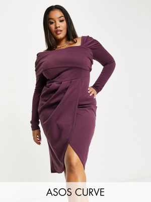 Asos Design Curve Bare Shoulder Pencil Midi Dress In Aubergine