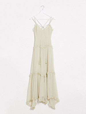 Asos Design Strappy Tiered Maxi With Ruffle Detail And Rope Trim In Soft Sage