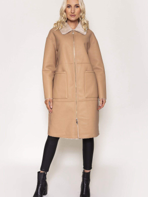 Reversible Faux Leather Coat In Camel