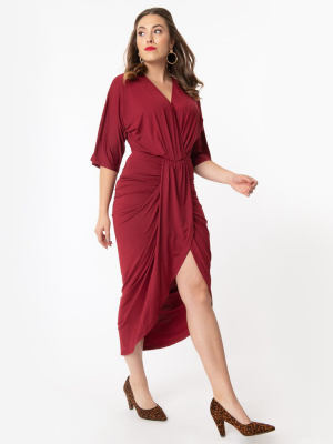 Retro Style Burgundy Ruched Wrap Front Dress