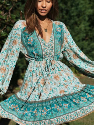 Flattering Bohemian Print Button Front V Neck Midi Dress