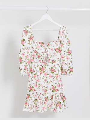 Rare London Milkmaid Lace Up Floral Dress In Multi