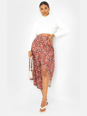 Tan Asymmetric Leopard Print Wrap Midi Skirt