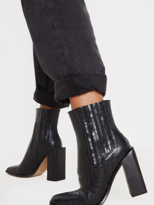 Black Snake Block Heel Square Toe Western Boot