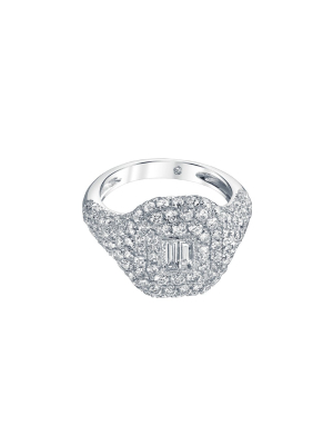 Pave Baguette Diamond Pinky Ring - White Gold