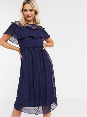 Little Mistress Skater Midi Dress In Dobby Mesh In Navy