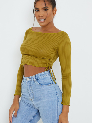 Olive Rib Ruched Side Long Sleeve Top