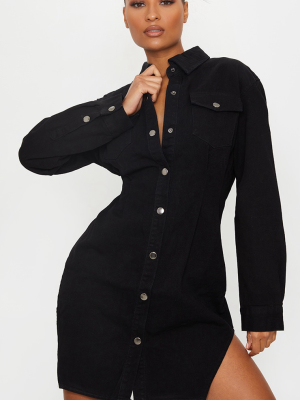 Black Cinched Waist Long Sleeve Denim Dress