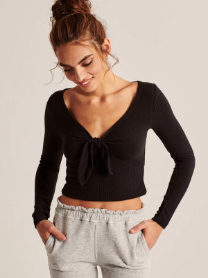 Long Sleeve Ribbed Knot-front Top