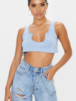 Basic Baby Blue Jersey Deep V Raw Edge Crop Top