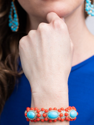 Turquoise And Coral Cabochon Bracelet