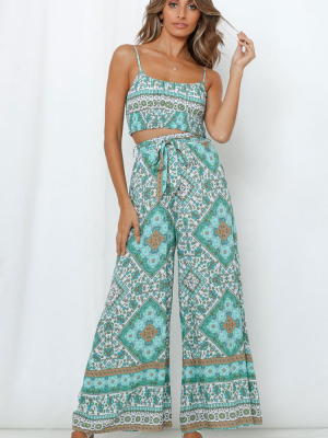 Belted Bohemian Print Crop Top With High Waist Pants