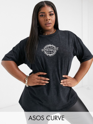 Asos Design Curve Oversized T-shirt With 90s Baby Logo In Charcoal Wash