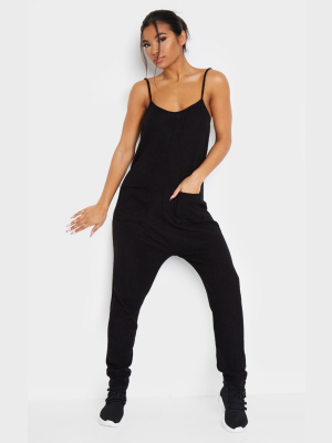 Black Brushed Rib Strappy Pocket Jumpsuit