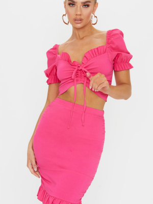 Hot Pink Woven Stretch Bardot Ruched Tie Front...