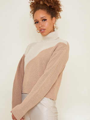 Stone Colour Block Roll Neck Sweater