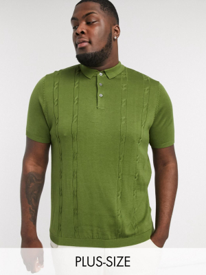 New Look Plus Cable Knitted Polo In Khaki