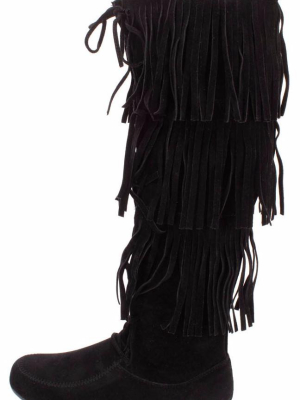 Baylee10 Black Knee High Lace Up Multi Layer Fringe Boot