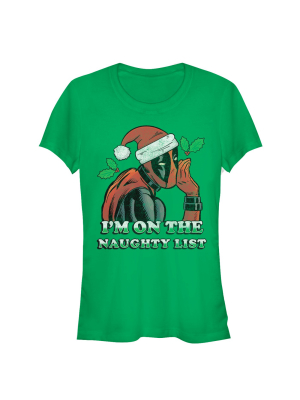 Junior's Marvel Christmas Deadpool Naughty List T-shirt