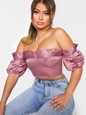 Plum Satin Frill Top Edge Puff Sleeve Crop Top