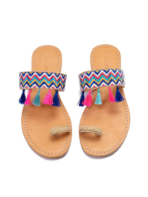 Fez Tassel Braided Toe Ring Sandals  - Rainbow Wave Print