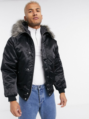 Asos Design Padded Bomber Jacket With Faux Fur Hood In Black