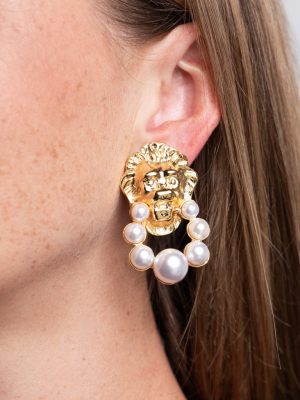 Lion Head And Pearl Doorknocker Clip Earrings