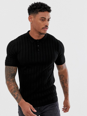 Asos Design Knitted Ribbed Polo Shirt In Black