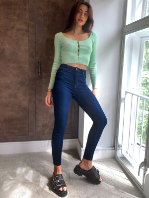 Bershka High Waist Skinny Jean In Dark Blue