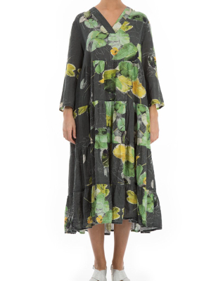 Flared Waterlilies Print Linen Dress