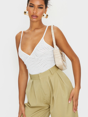 Cream Mesh Plunge Strappy Bodysuit