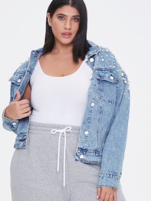 Plus Size Faux Pearl Denim Jacket