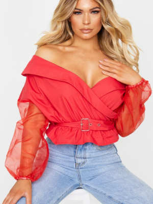 Red Bardot Organza Sleeve Crop Top