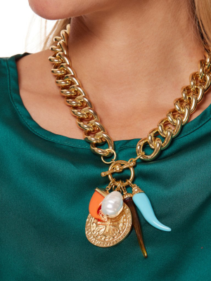 Gold Chain With Gold Coin, Multicolor Resin, And Baroque Pearl Charms Necklace