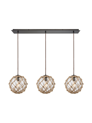 Coastal Inlet 3-light 11 X 11 X 36 Linear Mini Pendant Fixture In Oiled Bronze With Rope And Clear Glass