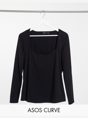 Asos Design Curve Long Sleeve Top With Square Neck In Black