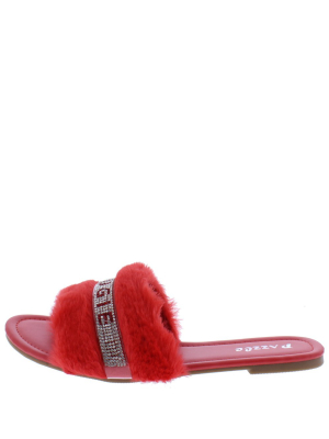 Betty03ja Red Bougie Rhinestone Faux Fur Slide Sandal