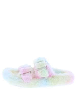 Andrea269 Rainbow Faux Fur Dual Buckle Strap Slide Sandal