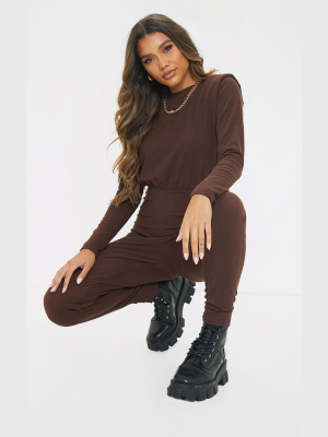 Chocolate Rib Long Sleeve Shoulder Pad Jumpsuit