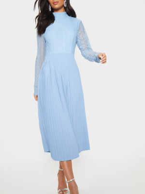 Dusty Blue Lace Top Pleated Midi Dress