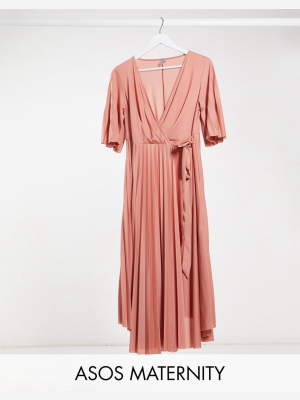 Asos Design Maternity Kimono Sleeve Pleated Wrap Midi Dress With Tie Waist In Pink